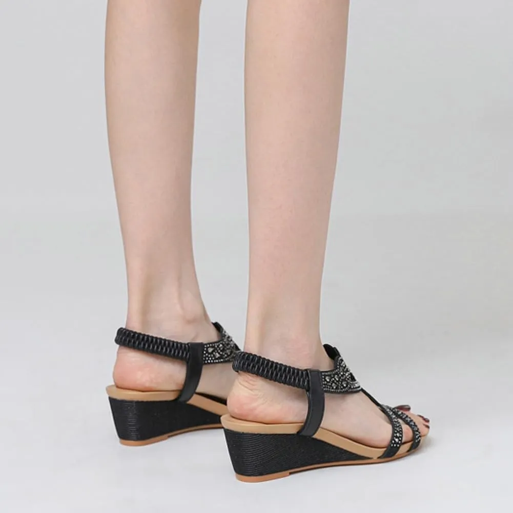 Caistre Wedge Sandals for Women Summer Comfortable Rhinestones Dressy Sandals Casual Bohemia Open Toe Shoes 2025