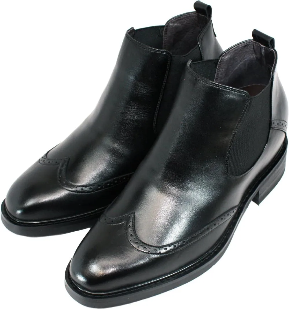 Calden Men's Invisible Height Increasing Elevator Shoes - Black Leather Slip-on Wing-tip Chelsea Boots - 3 Inches Taller - K28802 - Size 10 D(M) US