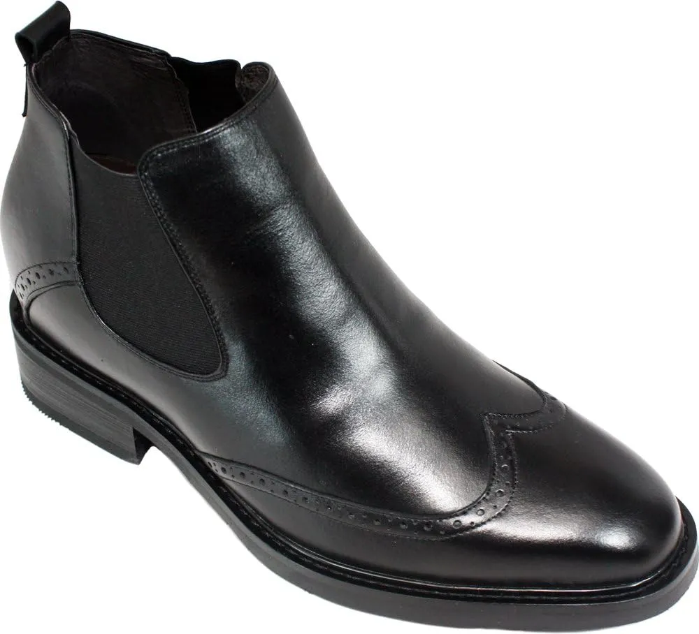 Calden Men's Invisible Height Increasing Elevator Shoes - Black Leather Slip-on Wing-tip Chelsea Boots - 3 Inches Taller - K28802 - Size 10 D(M) US