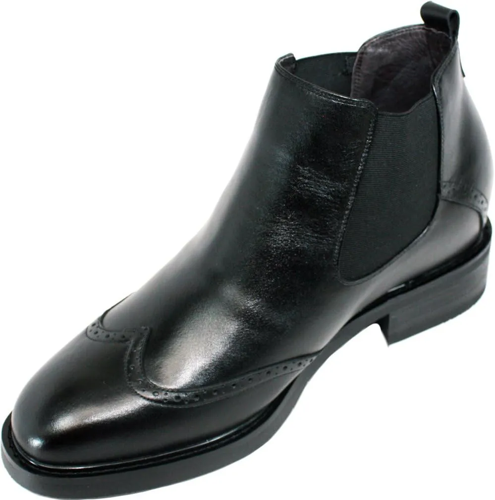Calden Men's Invisible Height Increasing Elevator Shoes - Black Leather Slip-on Wing-tip Chelsea Boots - 3 Inches Taller - K28802 - Size 10 D(M) US