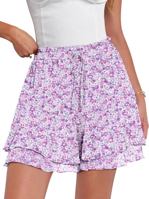 Caracilia Skorts for Women Boho Casual Beach Mini Skirts Summer Floral Ruffle Chiffon Flowy Shorts 2025 Trendy Outfits