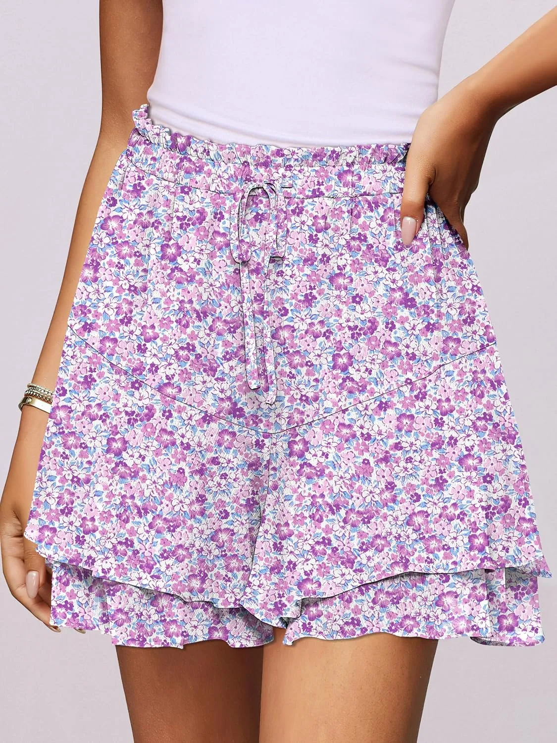 Caracilia Skorts for Women Boho Casual Beach Mini Skirts Summer Floral Ruffle Chiffon Flowy Shorts 2025 Trendy Outfits