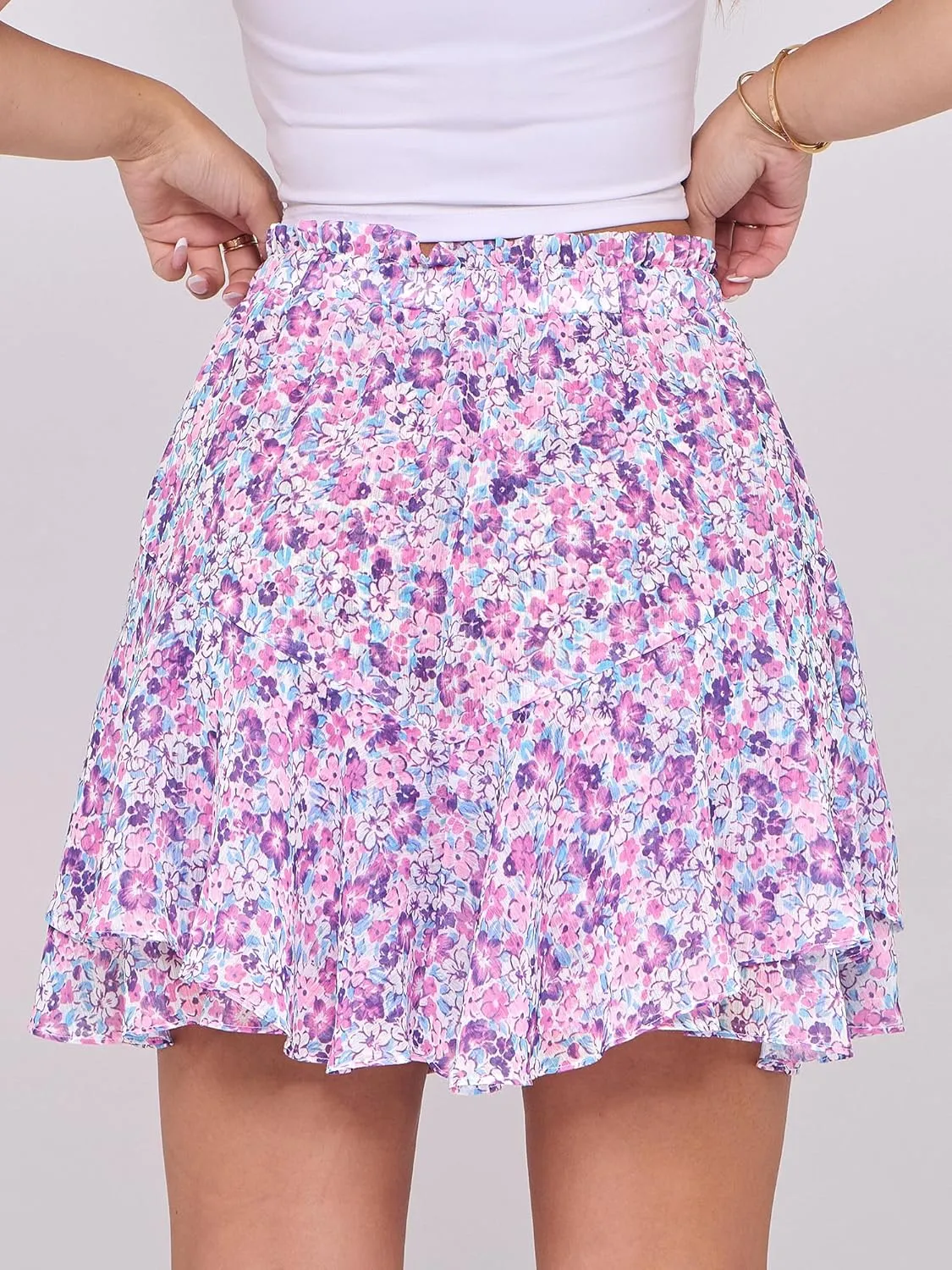 Caracilia Skorts for Women Boho Casual Beach Mini Skirts Summer Floral Ruffle Chiffon Flowy Shorts 2025 Trendy Outfits