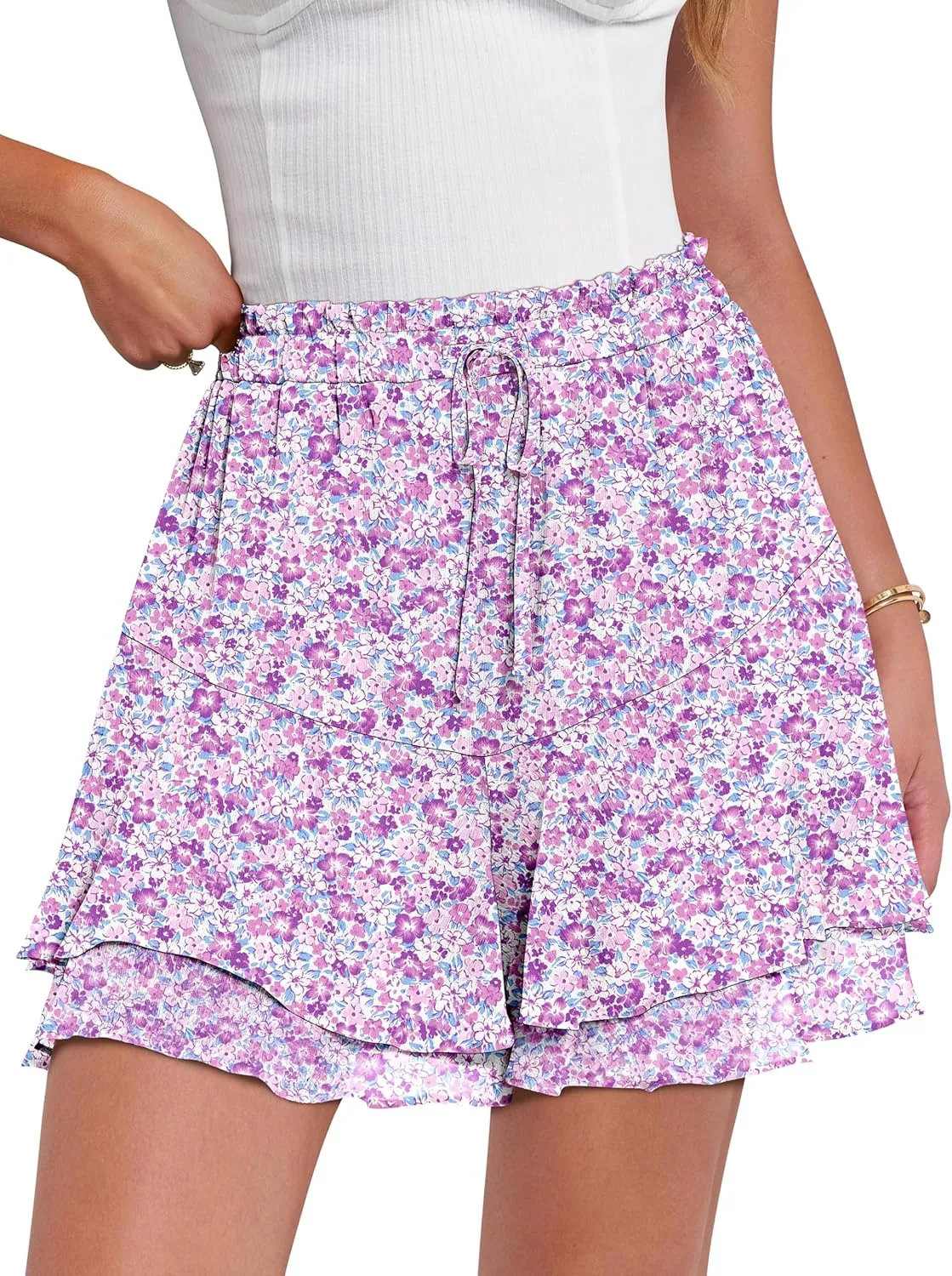 Caracilia Skorts for Women Boho Casual Beach Mini Skirts Summer Floral Ruffle Chiffon Flowy Shorts 2025 Trendy Outfits
