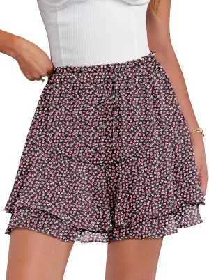 Caracilia Skorts for Women Boho Casual Beach Mini Skirts Summer Floral Ruffle Chiffon Flowy Shorts 2025 Trendy Outfits