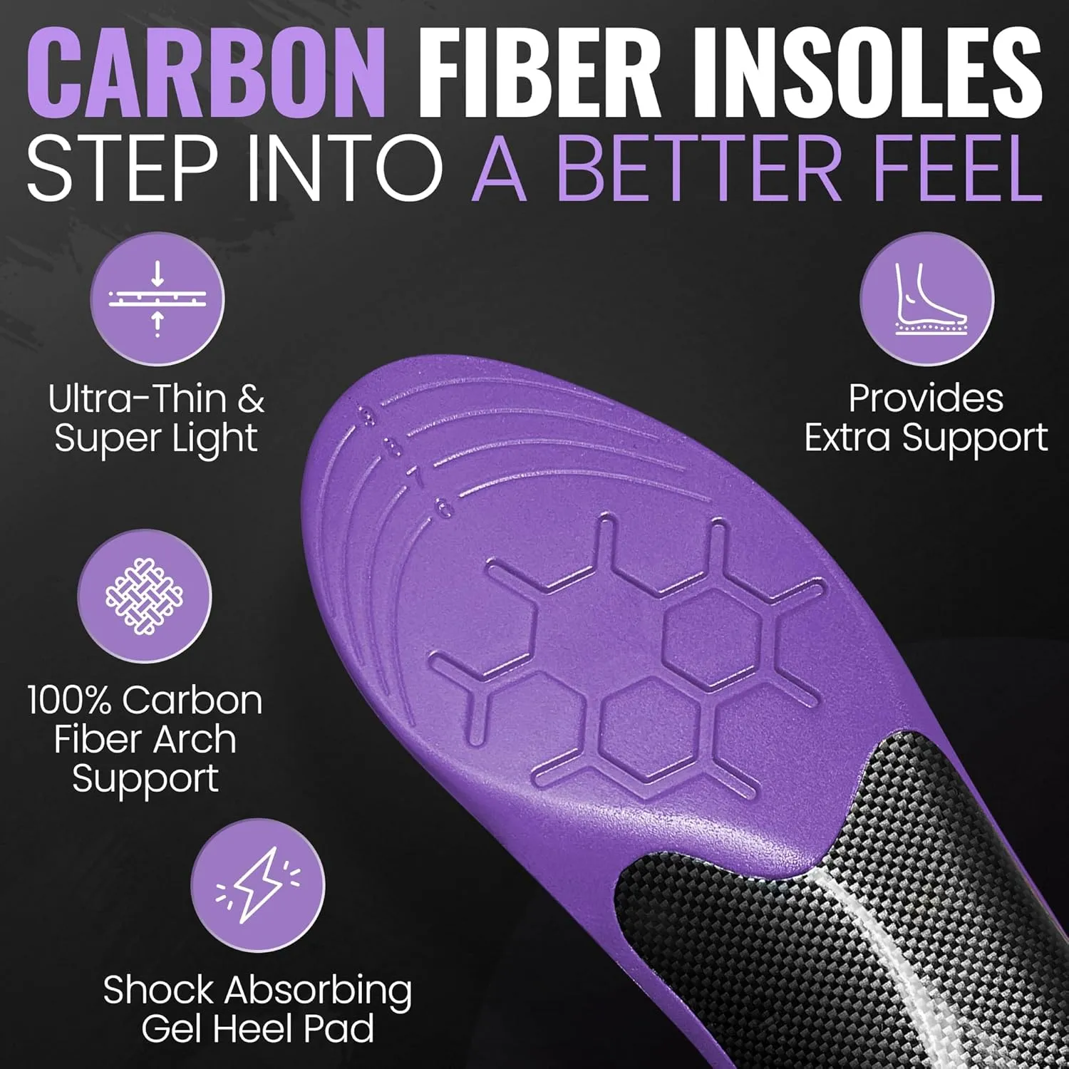 Carbon Fiber Insole - Strongest Orthotic Arch Support, Absorbs Shock, Reduces Flat Feet and Over-Pronation, Lifetime Insole, Light Weight, Deep Heel Cupping - by Sole Mate