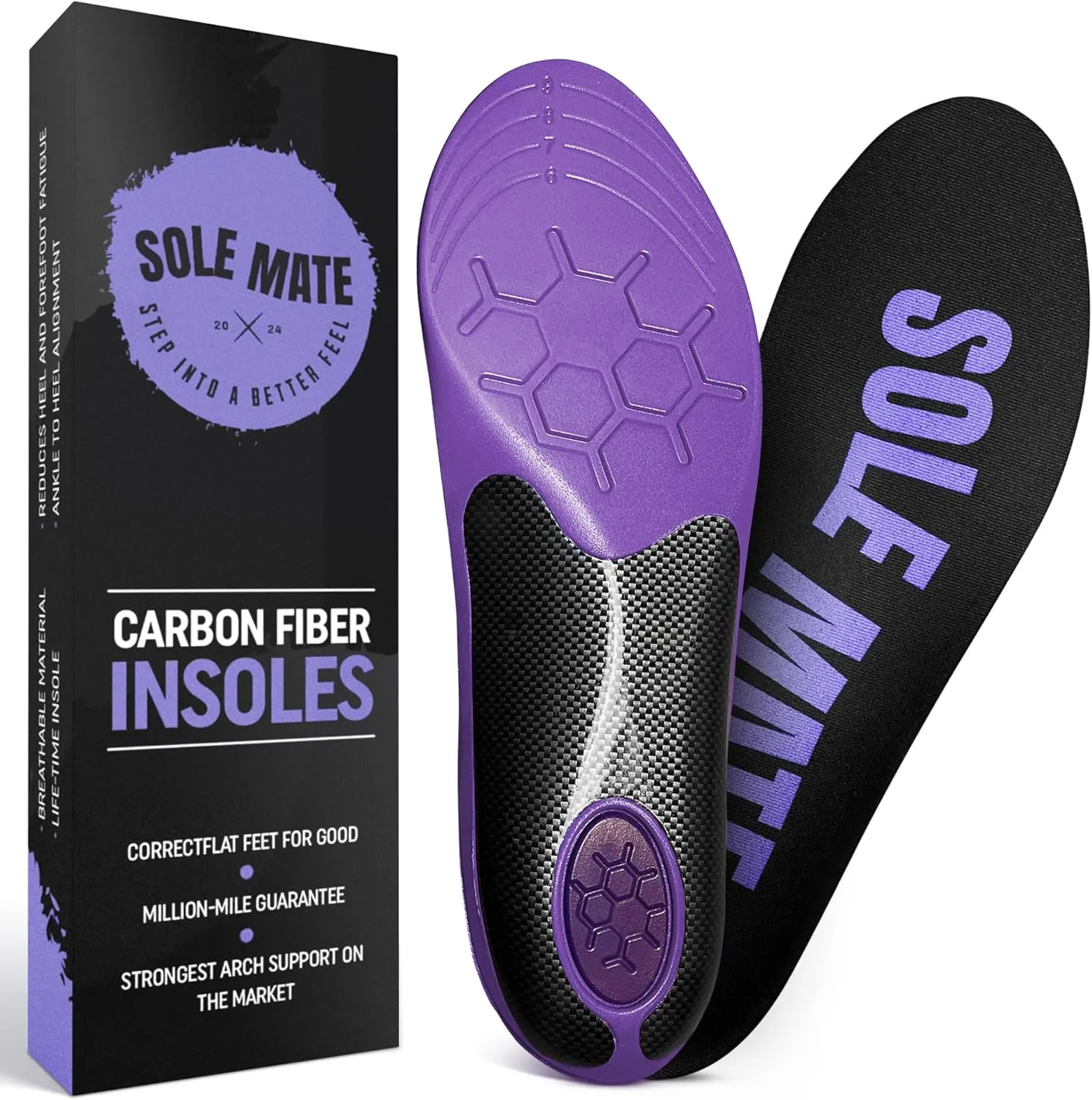 Carbon Fiber Insole - Strongest Orthotic Arch Support, Absorbs Shock, Reduces Flat Feet and Over-Pronation, Lifetime Insole, Light Weight, Deep Heel Cupping - by Sole Mate