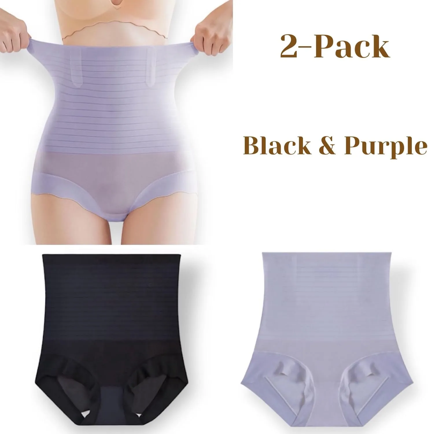CB 2-Pack Women's Ice Silk Invisible High-Waisted Tummy Control Stripe Shapewear Panties Body Shaper Underwear,