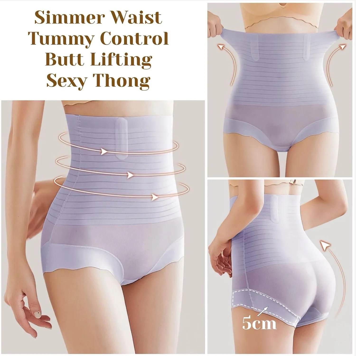 CB 2-Pack Women's Ice Silk Invisible High-Waisted Tummy Control Stripe Shapewear Panties Body Shaper Underwear,
