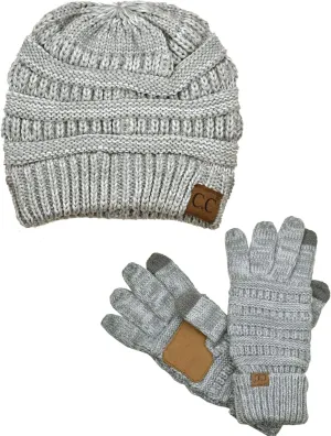 C.C Unisex Soft Stretch Cable Knit Beanie and Anti-Slip Touchscreen Gloves 2 Pc Set 2 Pc Set