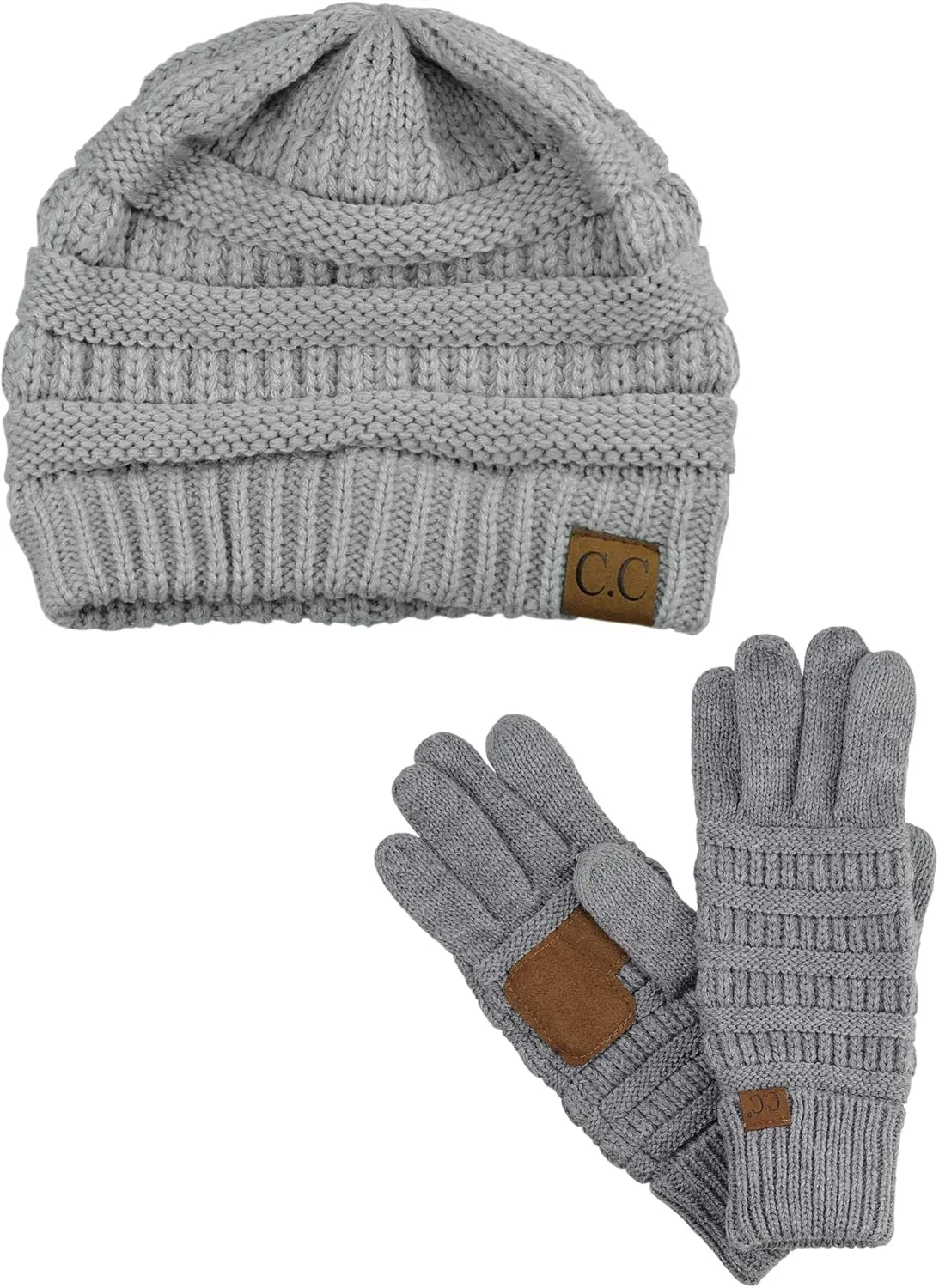 C.C Unisex Soft Stretch Cable Knit Beanie and Anti-Slip Touchscreen Gloves 2 Pc Set 2 Pc Set