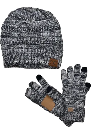 C.C Unisex Soft Stretch Cable Knit Beanie and Anti-Slip Touchscreen Gloves 2 Pc Set 2 Pc Set