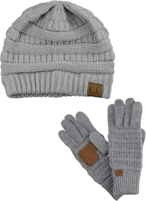 C.C Unisex Soft Stretch Cable Knit Beanie and Anti-Slip Touchscreen Gloves 2 Pc Set 2 Pc Set