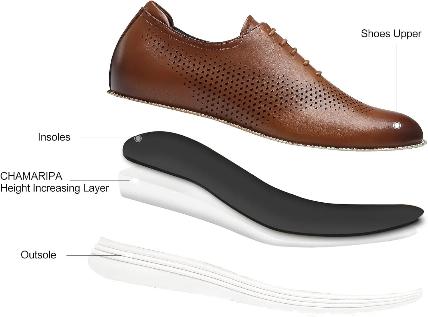 CHAMARIPA Hidden Heel Premium Leather Height Increase Low-Top Skate Shoes Men's Invisible Height Increasing Elevator Casual Fashion Sneaker