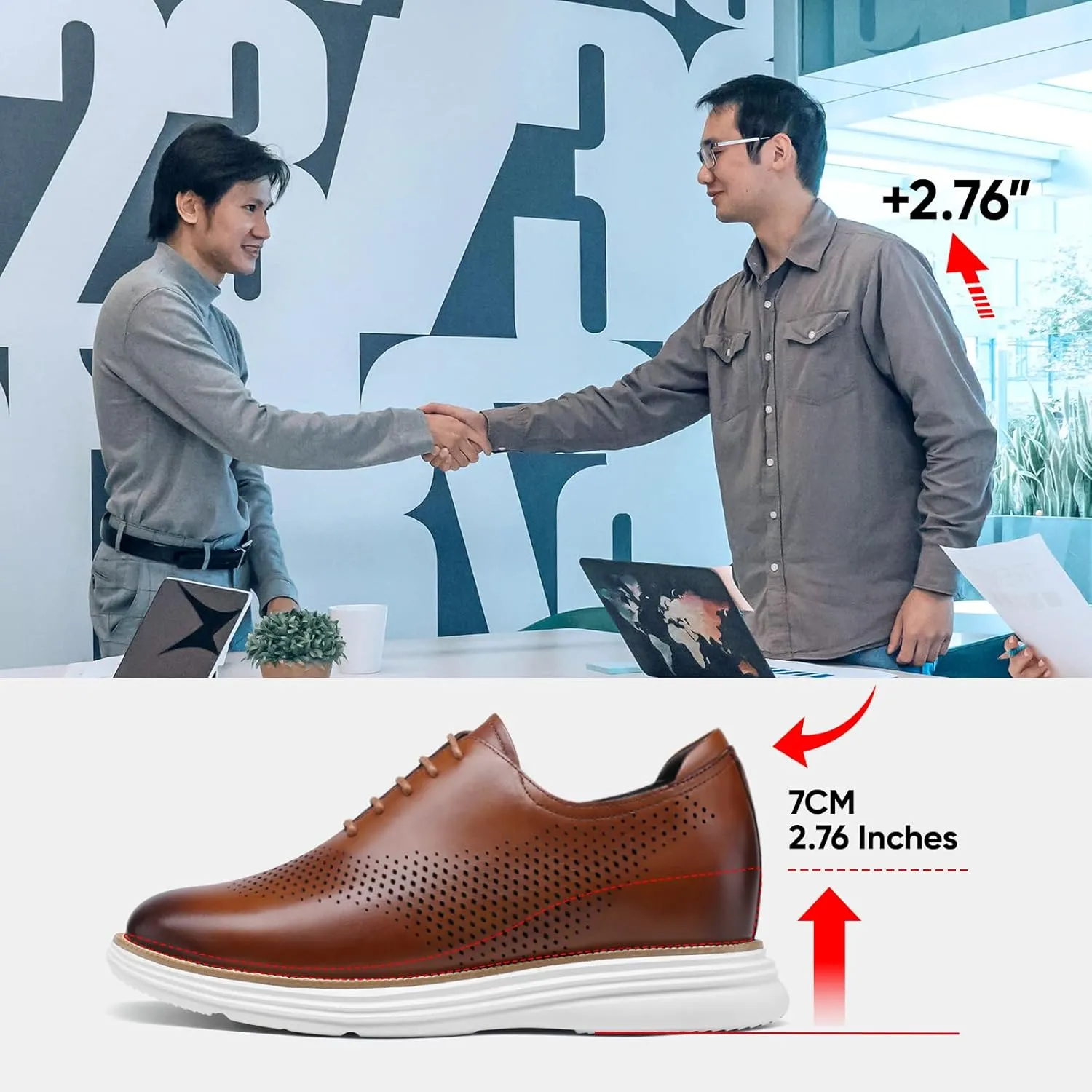 CHAMARIPA Hidden Heel Premium Leather Height Increase Low-Top Skate Shoes Men's Invisible Height Increasing Elevator Casual Fashion Sneaker
