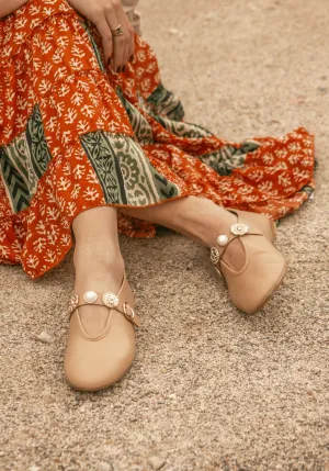 CLARICE CAMEL- Leather Ballet Flats with Embellished Strap