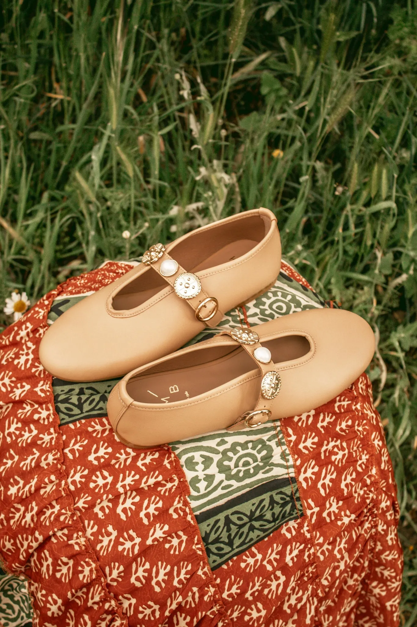 CLARICE CAMEL- Leather Ballet Flats with Embellished Strap