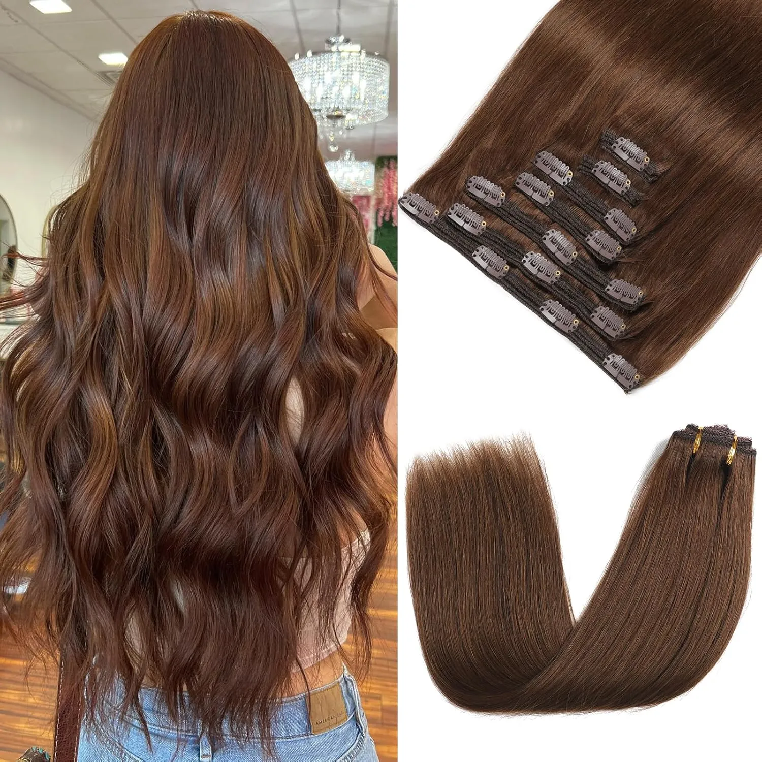 Clip in Hair Extensions Real Human Hair - 160g 20 Inch 7pcs, Chocolate Brown Color - Soft Premium Human Hair Clip in Extensions Straight for Women (#4 20 Inch)