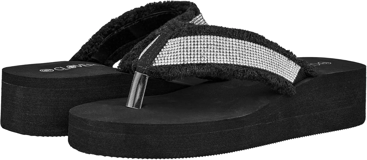 CLOVERLAY Women's Platform Flip Flops Rhinestone Glitter Sandals High Wedge Sandal