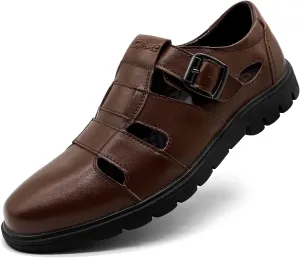CMM Men's Closed-Toe Leather Strap Business Sandal Cool Beach Sandals Plus Size