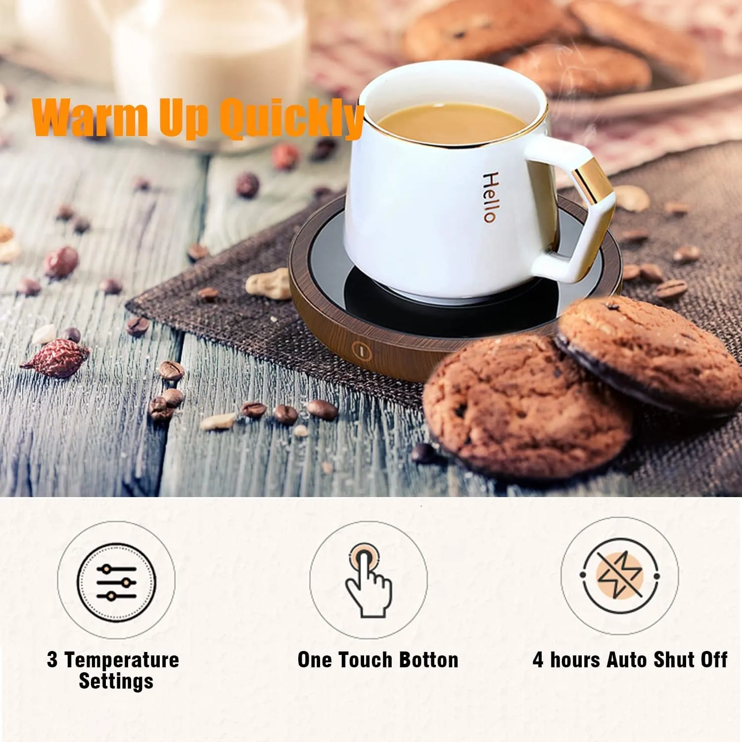Coffee Mug Warmer, Fastest Heating Temperature, KRGMNHR Coffee Cup Warmer for Desk Auto Shut Off, 3-Temp Settings, Candle Wax Warmer Heating Plate for Coffee, Milk, Tea (Up to 180° F/80 °C), Wood