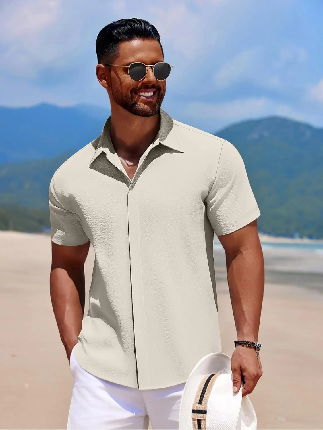 COOFANDY Men's Casual Short Sleeve Button Down Summer Beach Shirt Lightweight Textured Wrinkle Free Stretch Shirts