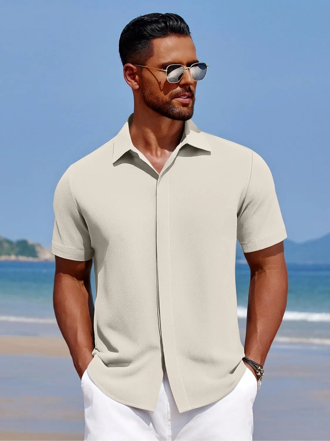 COOFANDY Men's Casual Short Sleeve Button Down Summer Beach Shirt Lightweight Textured Wrinkle Free Stretch Shirts