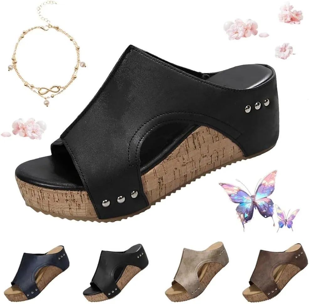 Cork Wedges & Platform Slides Womens Comfy Wedge Orthopedic Sandals Thick Sole Comfy Leather Arch Support Slippers(Black,US 9)