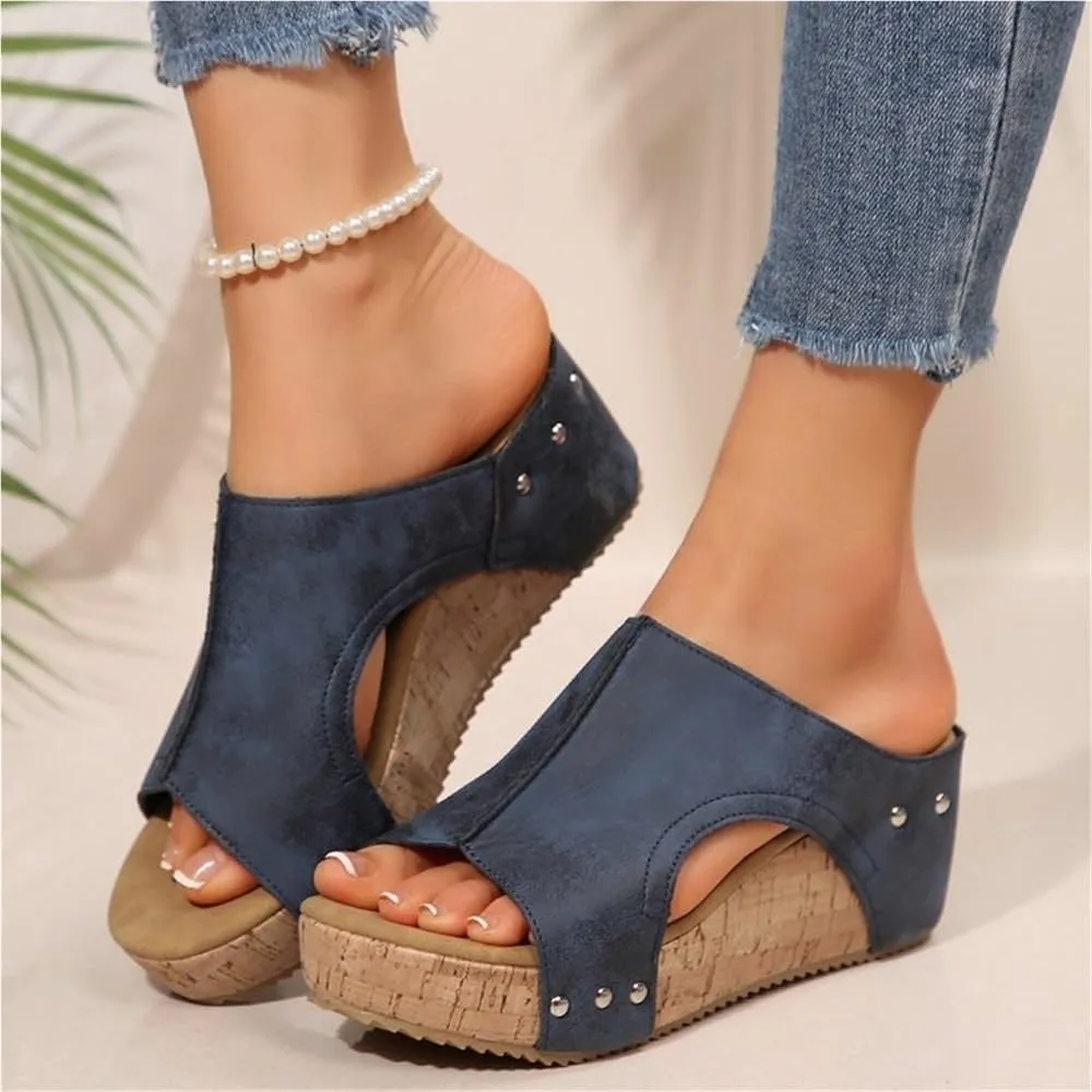 Cork Wedges & Platform Slides Womens Comfy Wedge Orthopedic Sandals Thick Sole Comfy Leather Arch Support Slippers(Black,US 9)