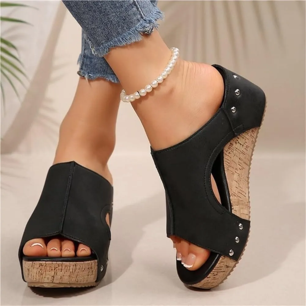 Cork Wedges & Platform Slides Womens Comfy Wedge Orthopedic Sandals Thick Sole Comfy Leather Arch Support Slippers(Black,US 9)