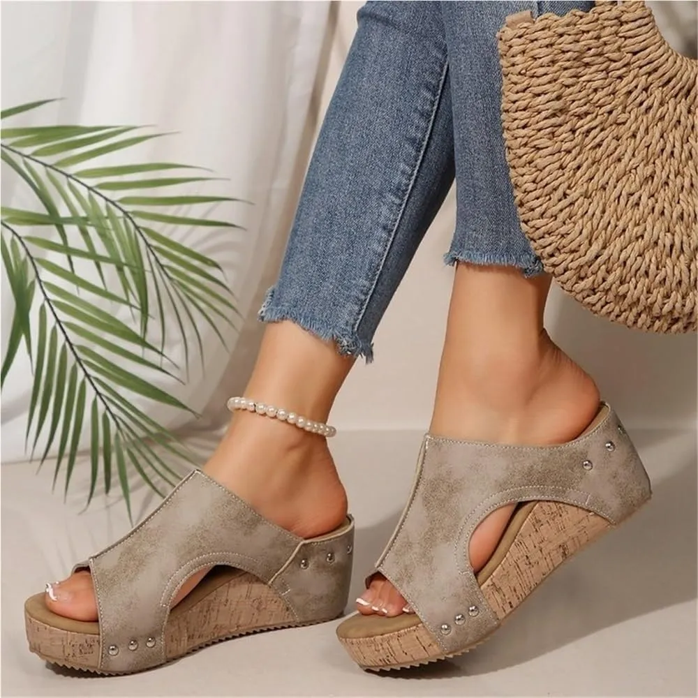 Cork Wedges & Platform Slides Womens Comfy Wedge Orthopedic Sandals Thick Sole Comfy Leather Arch Support Slippers(Black,US 9)