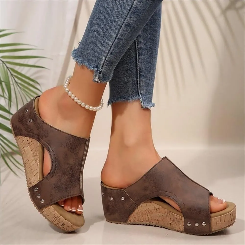 Cork Wedges & Platform Slides Womens Comfy Wedge Orthopedic Sandals Thick Sole Comfy Leather Arch Support Slippers(Black,US 9)
