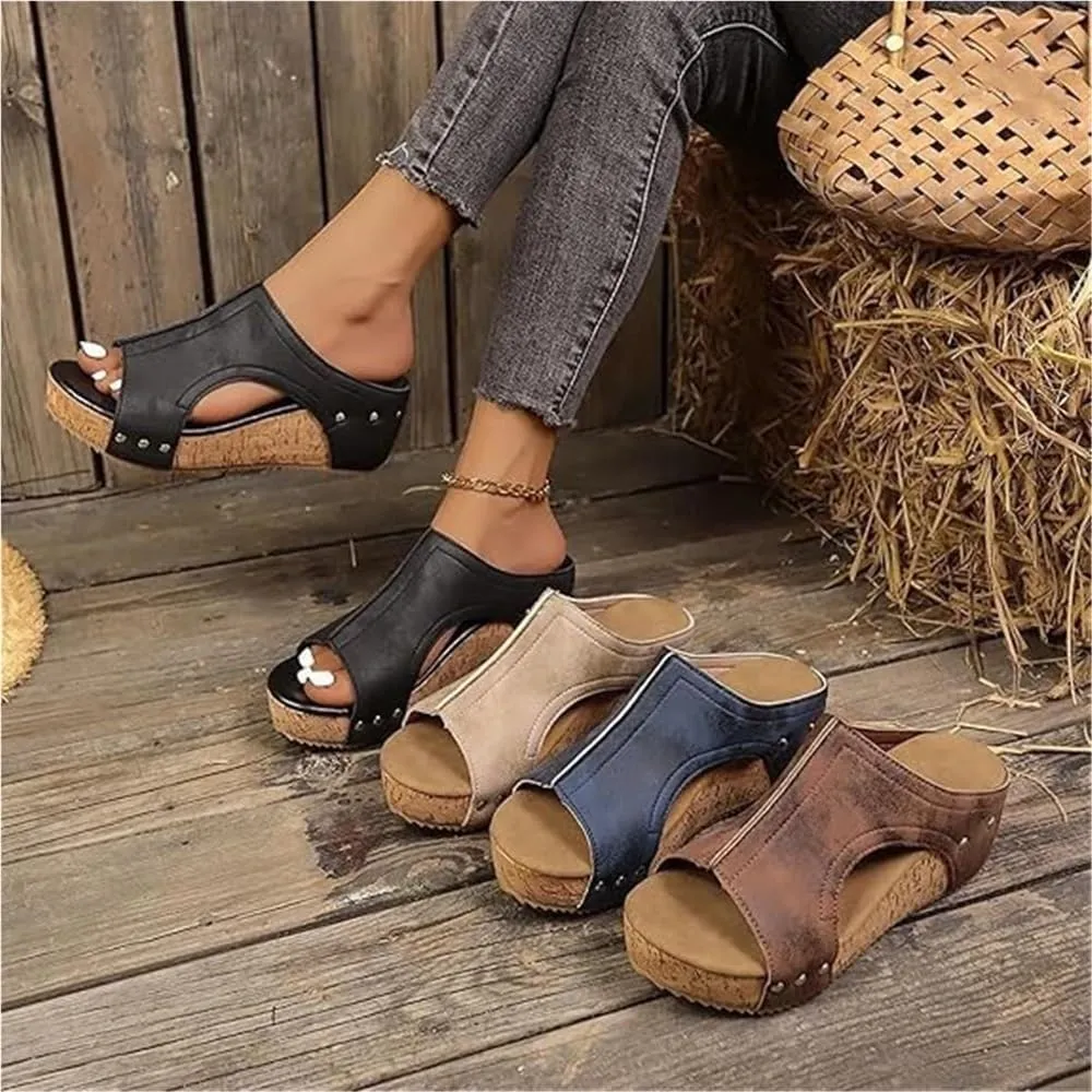 Cork Wedges & Platform Slides Womens Comfy Wedge Orthopedic Sandals Thick Sole Comfy Leather Arch Support Slippers(Black,US 9)