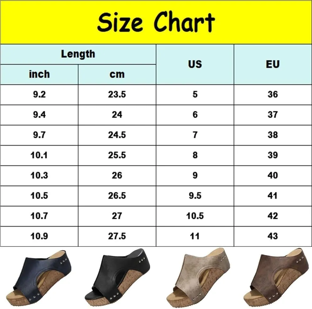 Cork Wedges & Platform Slides Womens Comfy Wedge Orthopedic Sandals Thick Sole Comfy Leather Arch Support Slippers(Black,US 9)