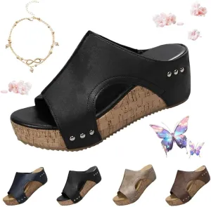 Cork Wedges & Platform Slides Womens Comfy Wedge Orthopedic Sandals Thick Sole Comfy Leather Arch Support Slippers(Black,US 9)