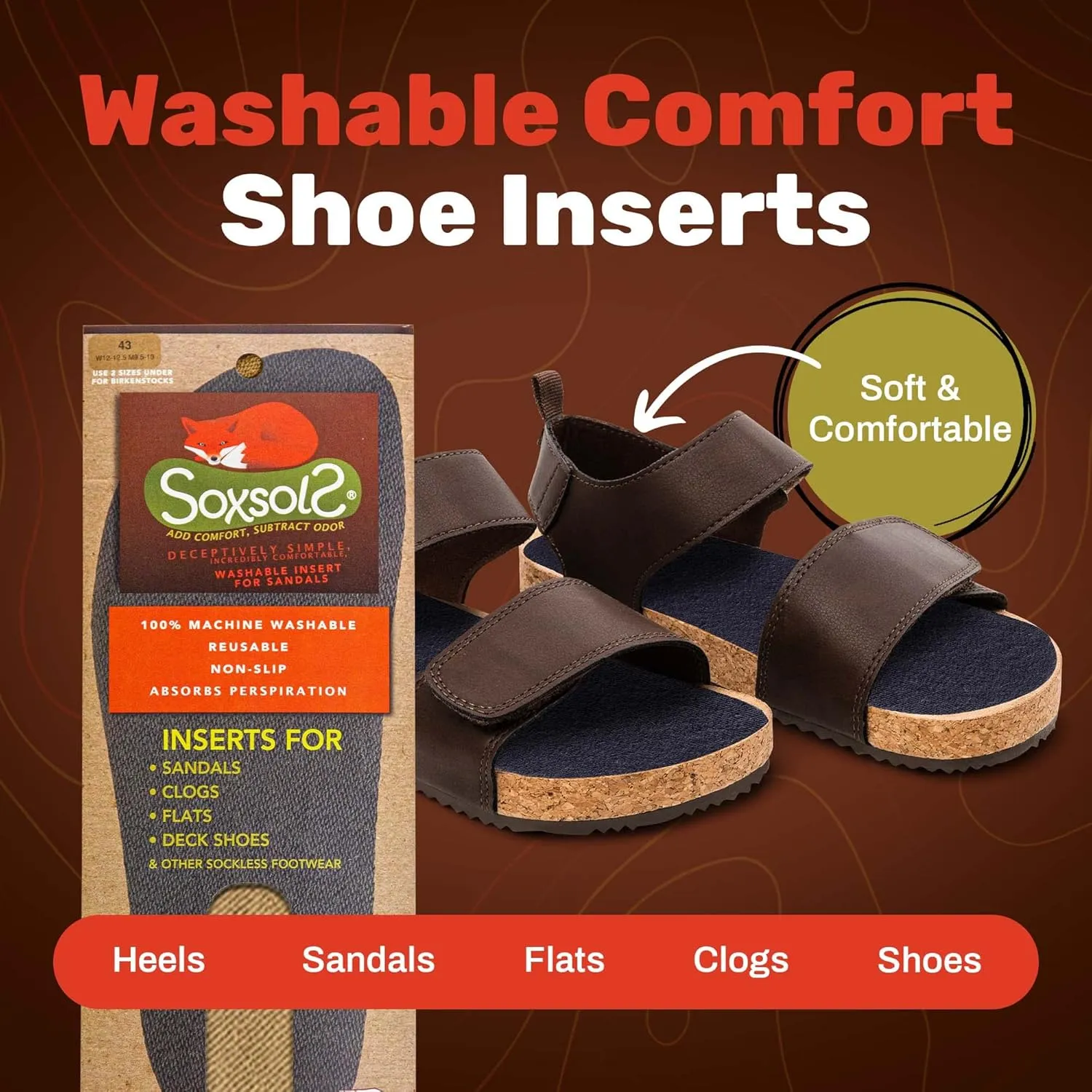 Cotton Flat Shoe Insert for Sandals & Sockless Shoes, Comfortable Shoe Insoles with Sweat-Absorbent Natural Fiber & Non-Slip Silicone Grip, Narrow-Cut Shoe Inserts for Women, Brown, Size 39 - SoxsolS
