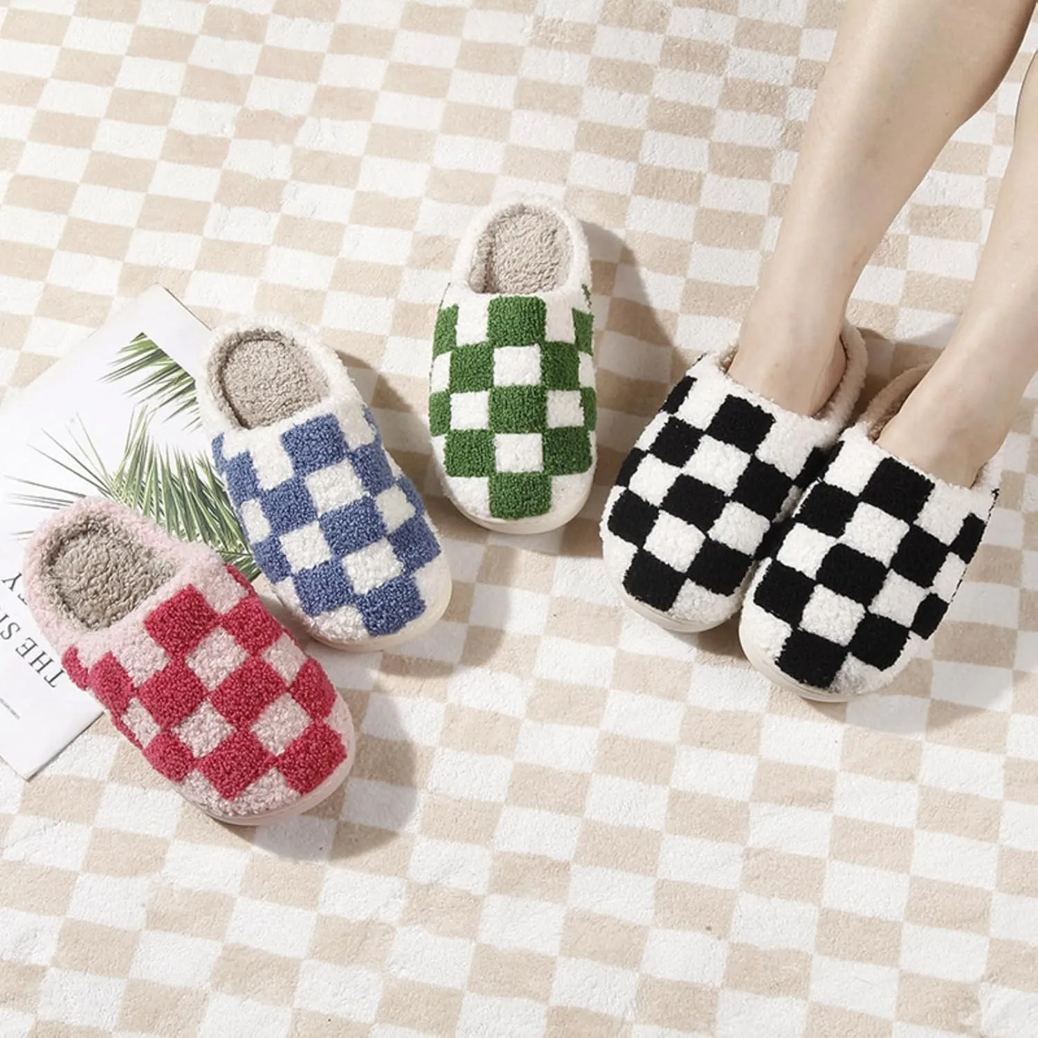 Cotton Slippers Checkerboard Cute Trendy Casual Thick-soled Home Bedroom Floor Soft Non-slip Warm Winter Couple Gift