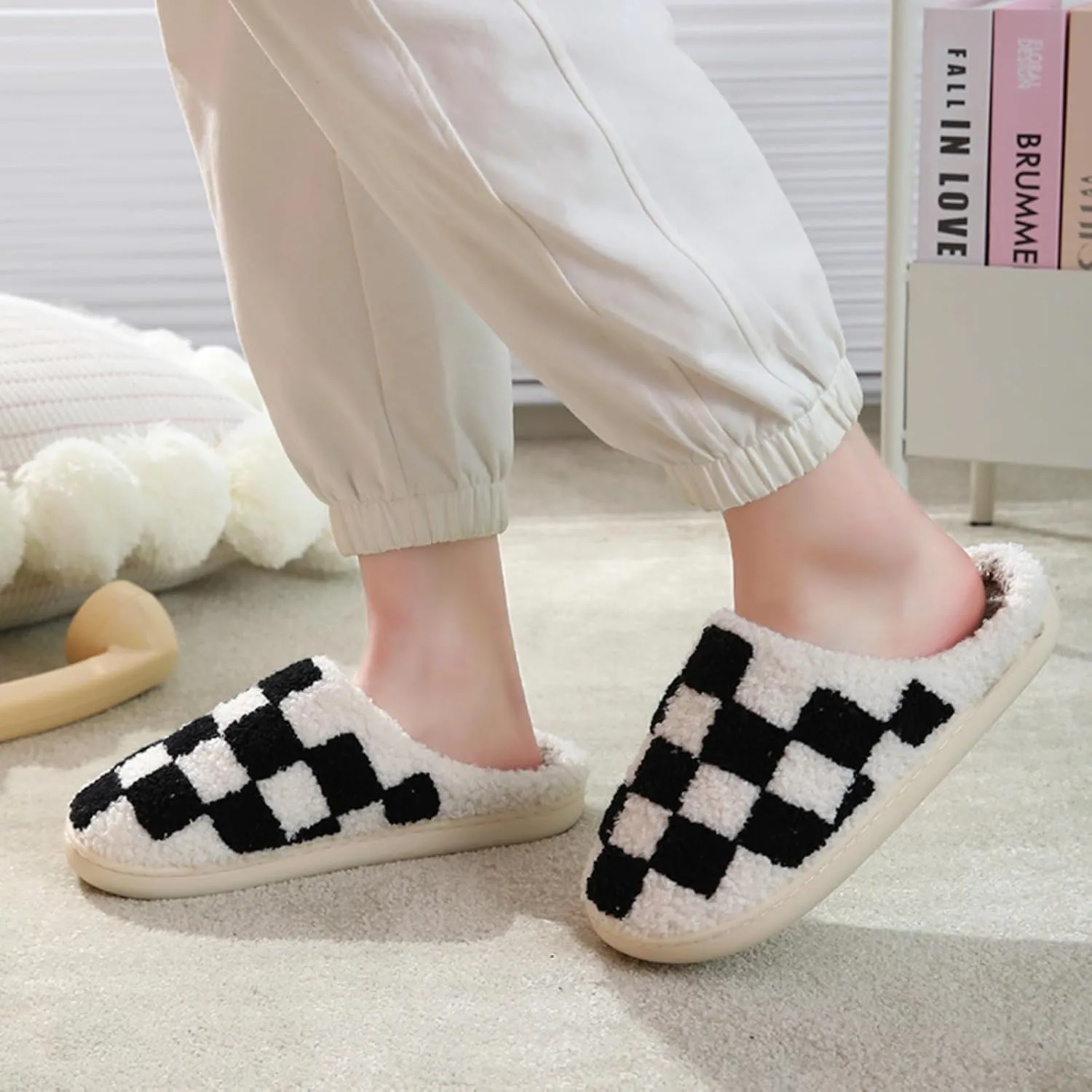 Cotton Slippers Checkerboard Cute Trendy Casual Thick-soled Home Bedroom Floor Soft Non-slip Warm Winter Couple Gift