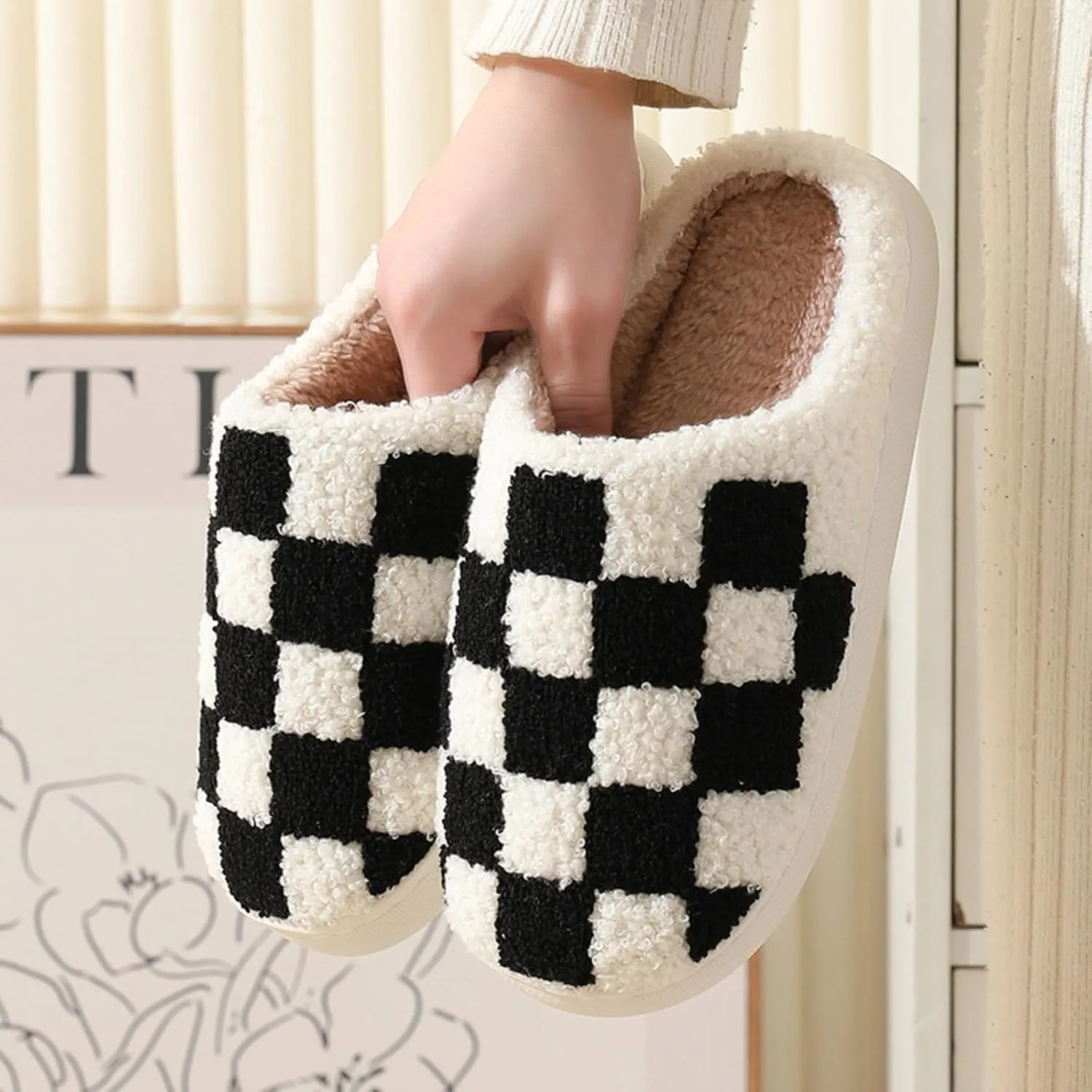 Cotton Slippers Checkerboard Cute Trendy Casual Thick-soled Home Bedroom Floor Soft Non-slip Warm Winter Couple Gift