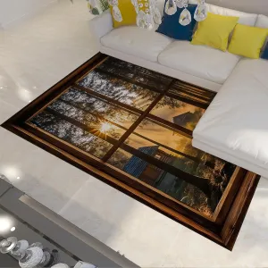 Country Farmhouse Rugs Morning Sunlight and Mist Forest 3D Window View Floor Mat Thin Carpet for Living Room Bedroom Entry 3'x5'