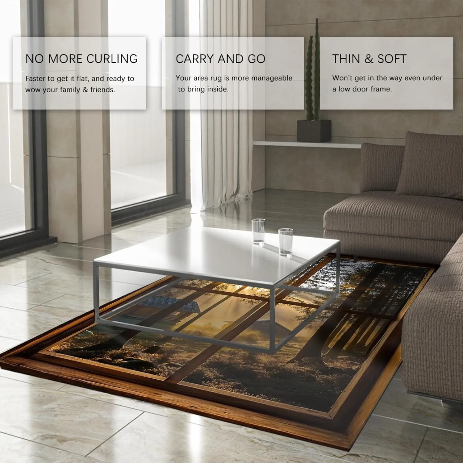Country Farmhouse Rugs Morning Sunlight and Mist Forest 3D Window View Floor Mat Thin Carpet for Living Room Bedroom Entry 3'x5'