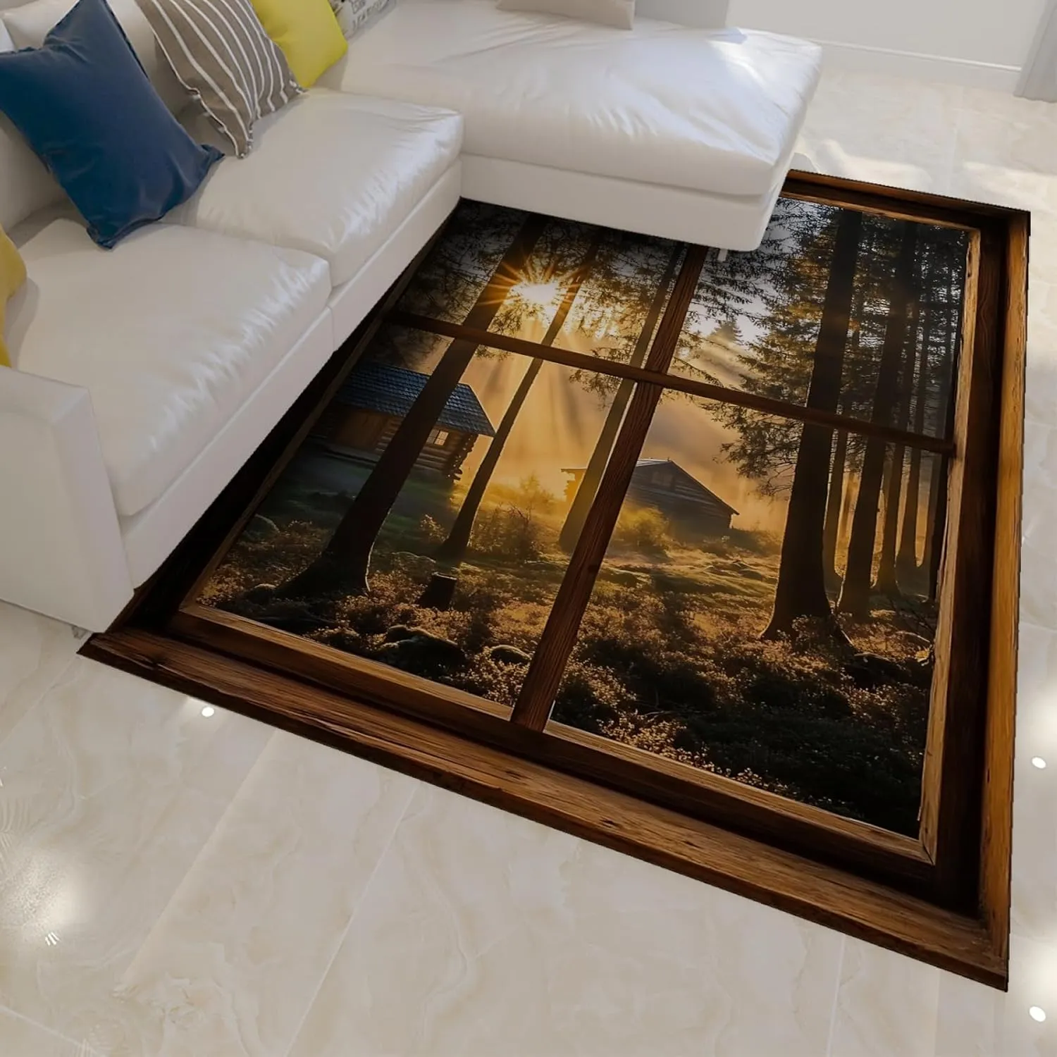 Country Farmhouse Rugs Morning Sunlight and Mist Forest 3D Window View Floor Mat Thin Carpet for Living Room Bedroom Entry 3'x5'