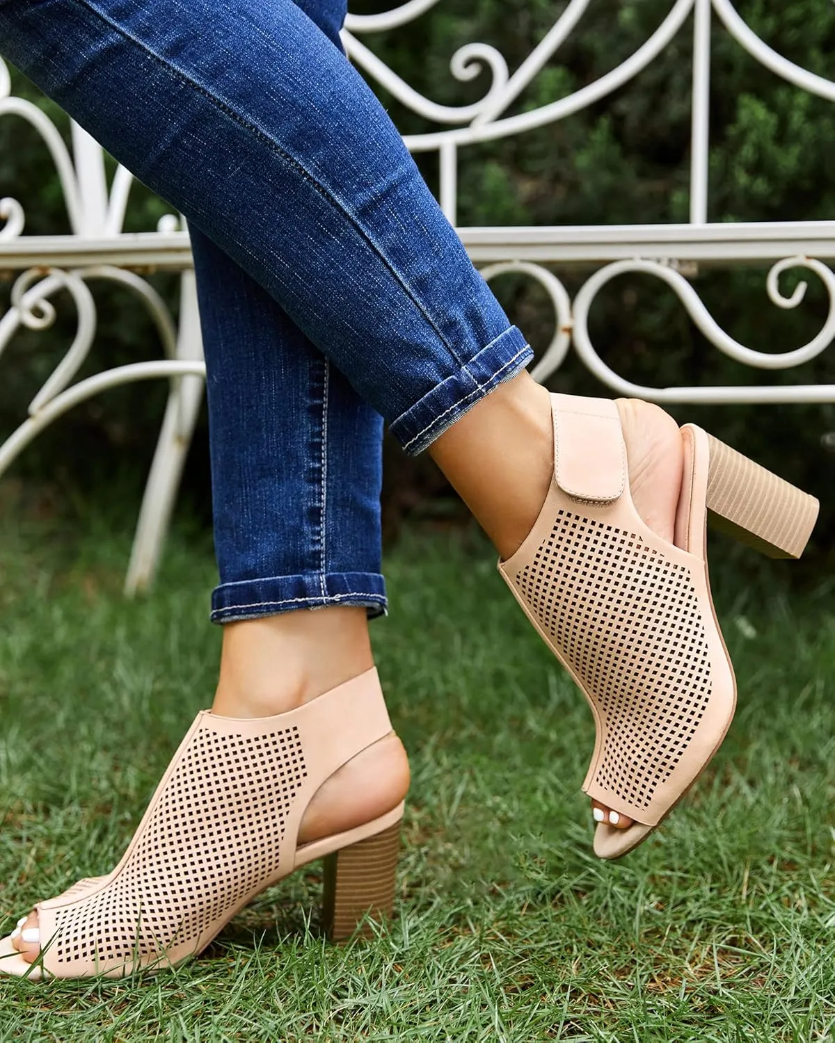 Coutgo Heels for Women Open Toe Boots Cutout Ankle Strap High Heel Chunky Block Sandals