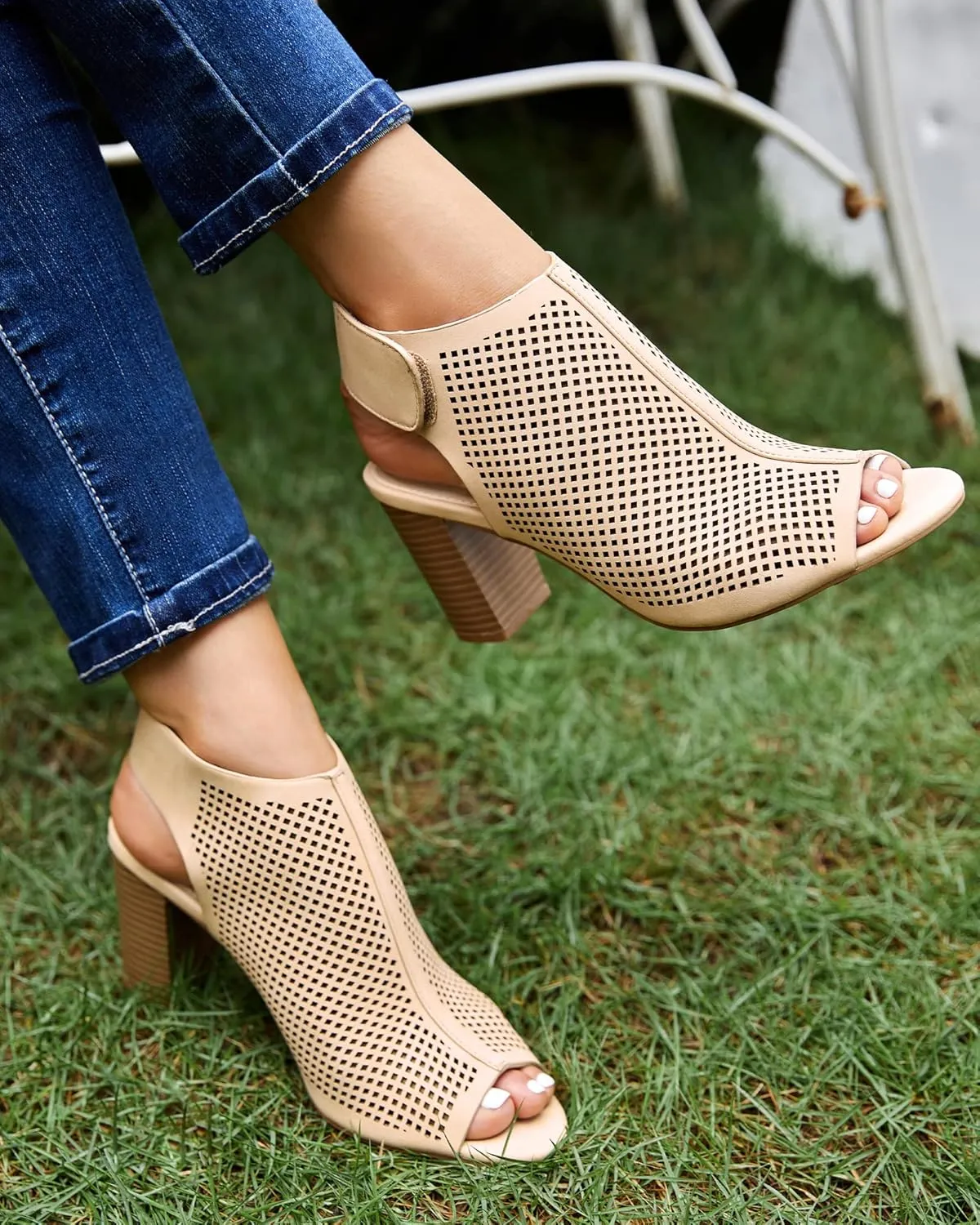 Coutgo Heels for Women Open Toe Boots Cutout Ankle Strap High Heel Chunky Block Sandals