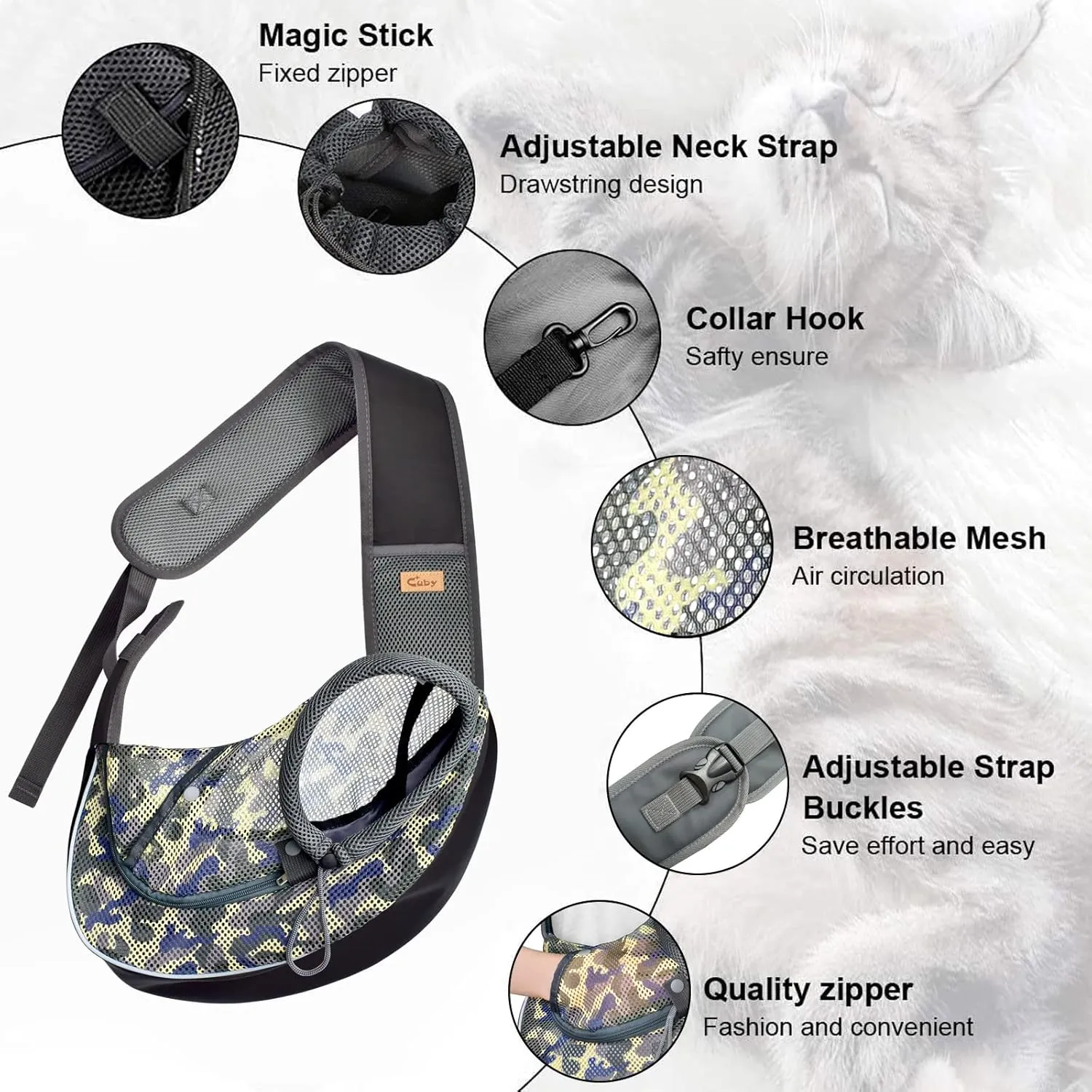 Cuby Pet Dog Sling Carrier for Small Dogs Cats Breathable Mesh Travel Safe Sling Bag Carrier for Dogs Cats Puppy (L, Camouflage)