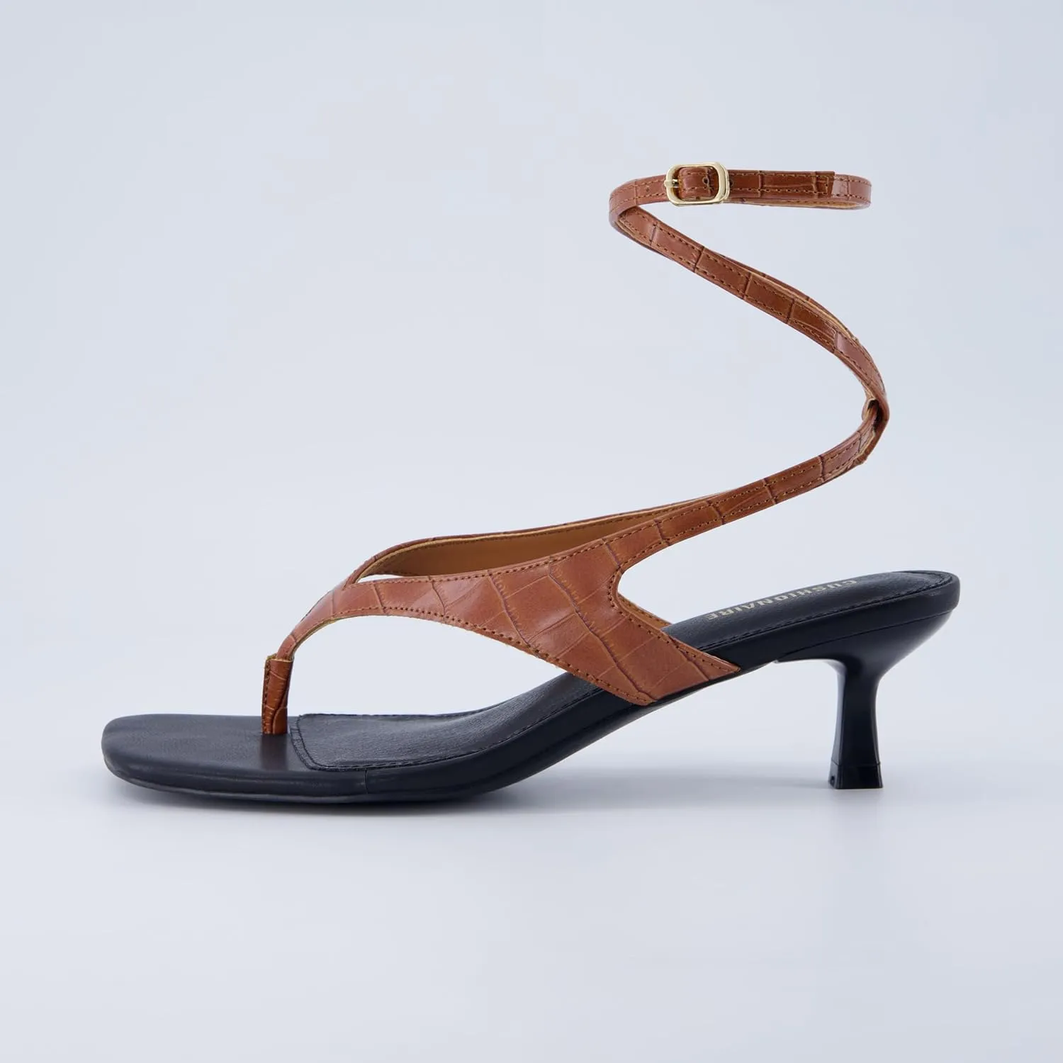 CUSHIONAIRE Martini Women’s Ankle Wrap Heel Sandal – Strappy Faux Leather Thong with Kitten Heel & Cushioned Footbed