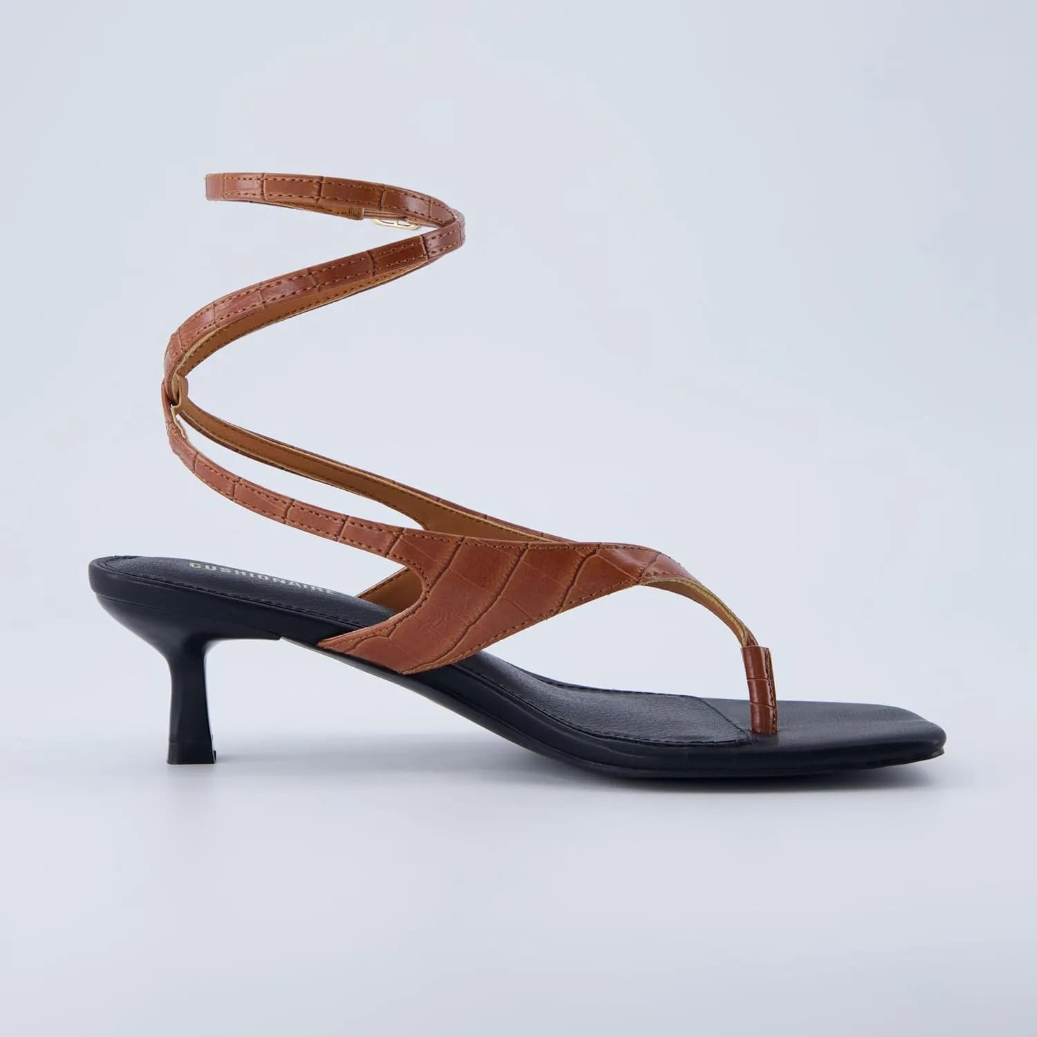 CUSHIONAIRE Martini Women’s Ankle Wrap Heel Sandal – Strappy Faux Leather Thong with Kitten Heel & Cushioned Footbed