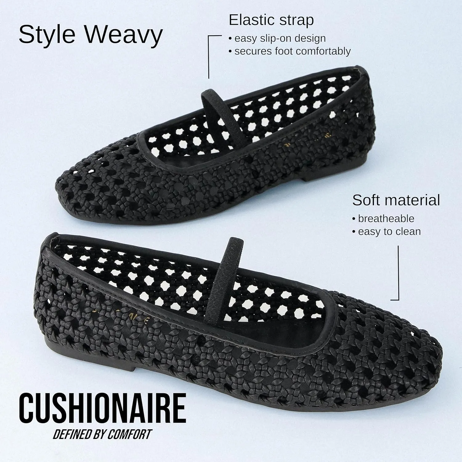 CUSHIONAIRE Weavy Squared Toe Woven Ballet Flats Shoes for Women with Memory Foam | Comfortable Mary Jane Flats for Women with Breathable Mesh Design | Wide Widths Available