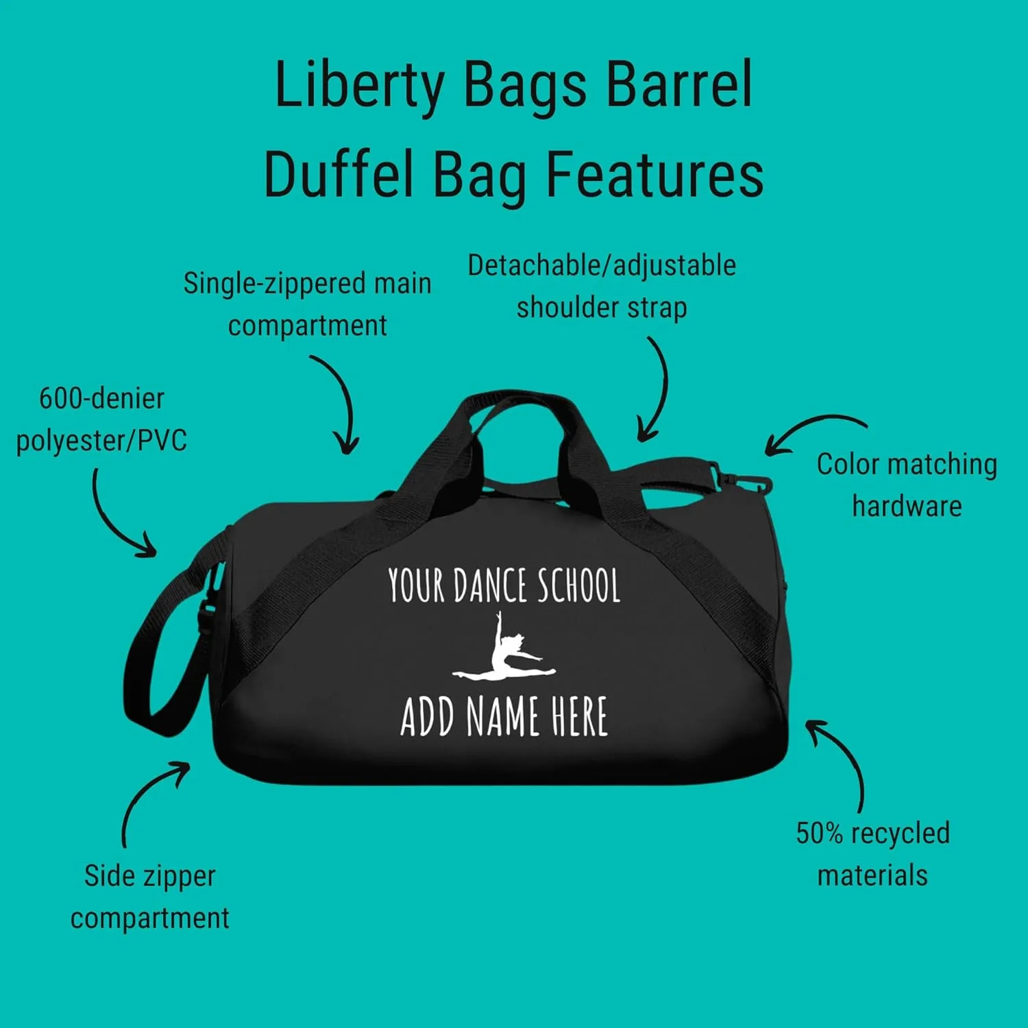 Customized Girl Personalized Dance Bag with School & Name: Barrel Duffel Bag
