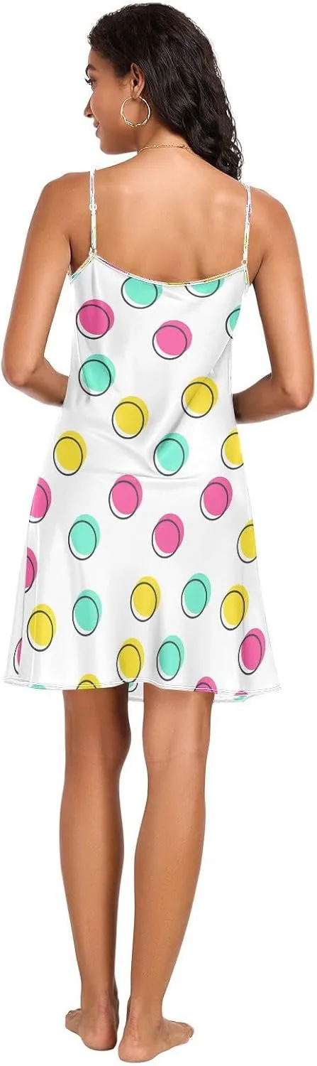 Cute Colorful Polka Dot Satin Slip Dress, V Neck Sleeveless Night Shirts for Women, Small